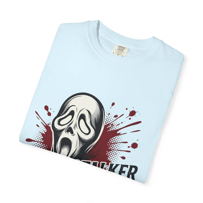 Graphic T-Shirt — "Stalker Romance" Horror Mask Tee (Scream-inspired, Blood Splatter)