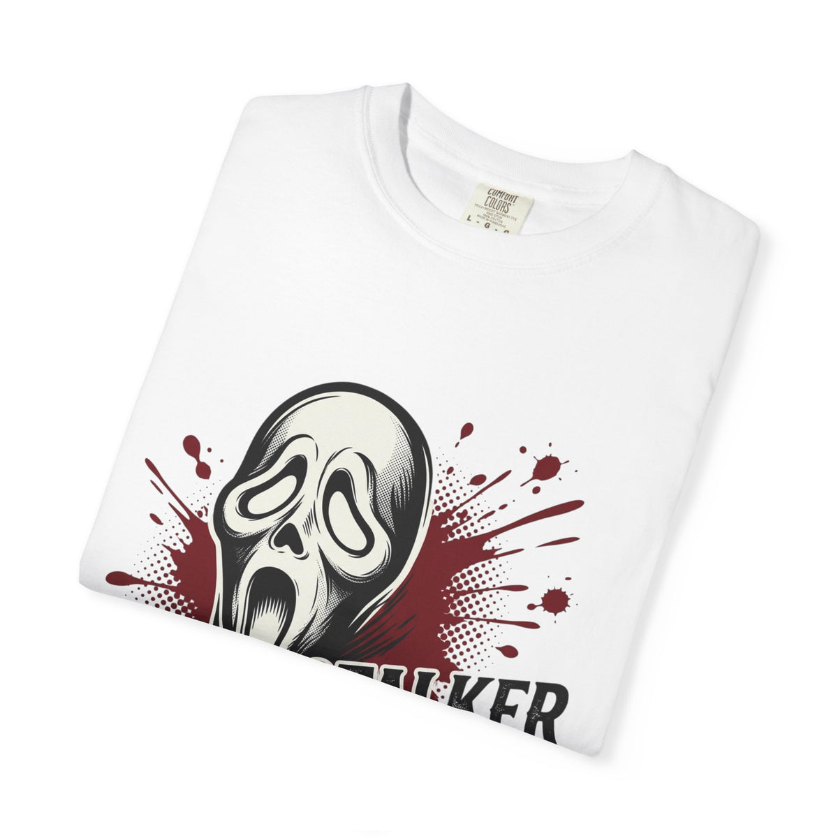 Graphic T-Shirt — "Stalker Romance" Horror Mask Tee (Scream-inspired, Blood Splatter)