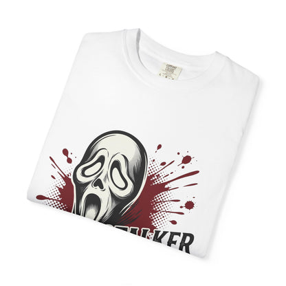 Graphic T-Shirt — "Stalker Romance" Horror Mask Tee (Scream-inspired, Blood Splatter)