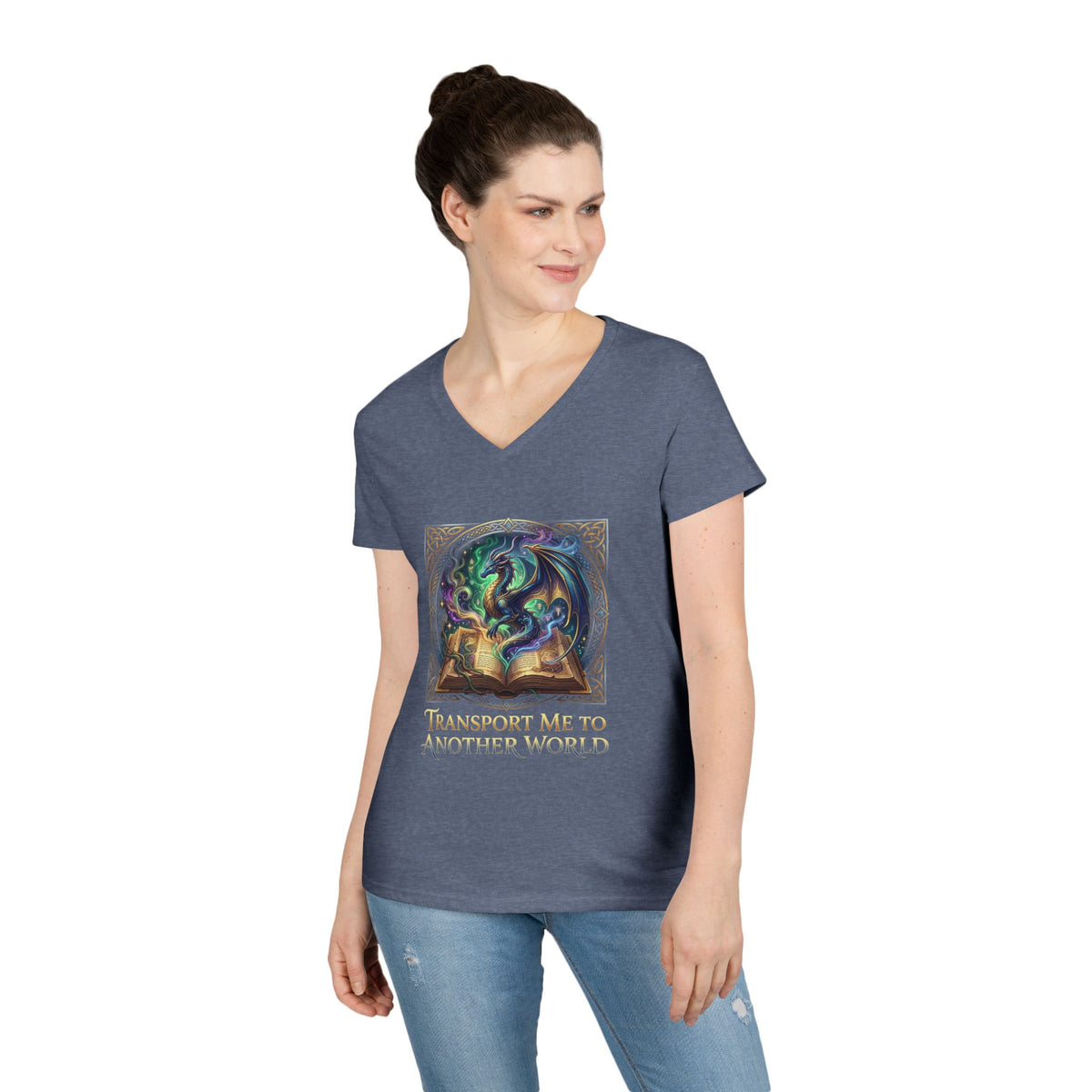 Ladies V-Neck T-Shirt — "Transport Me to Another World" Fantasy Book Magic Tee