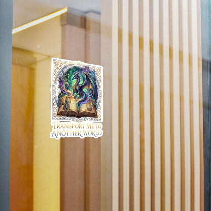 Kiss-Cut Vinyl Decal — 'Transport Me to Another World' Dragon & Magic Book Sticker