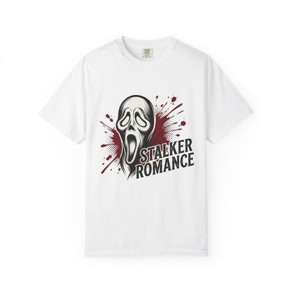 Graphic T-Shirt — "Stalker Romance" Horror Mask Tee (Scream-inspired, Blood Splatter)