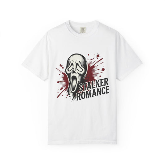 Graphic T-Shirt — "Stalker Romance" Horror Mask Tee (Scream-inspired, Blood Splatter)