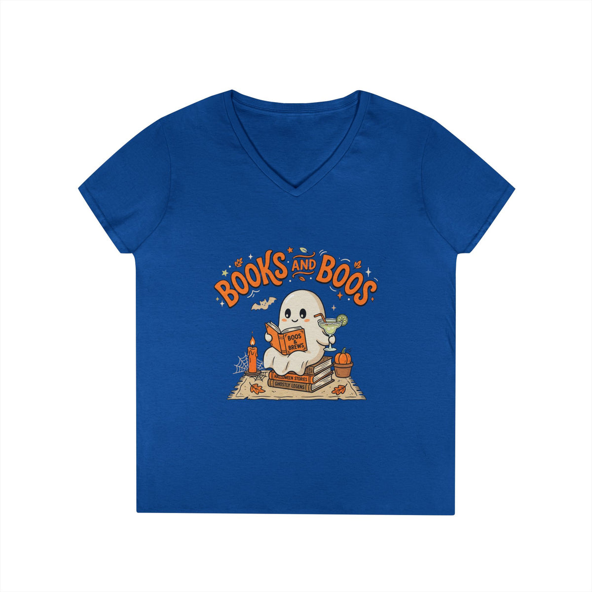 Books and Boos V-Neck Tee — Cute Ghost Reading T-Shirt for Book Lovers