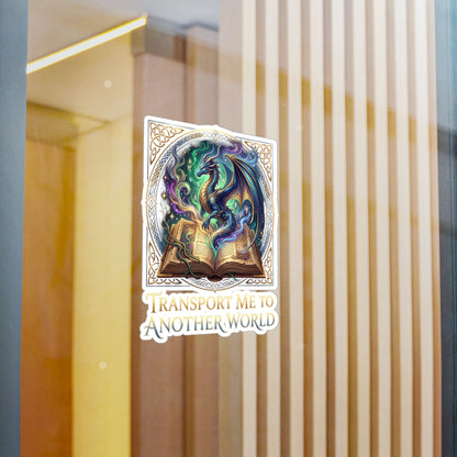 Kiss-Cut Vinyl Decal — 'Transport Me to Another World' Dragon & Magic Book Sticker