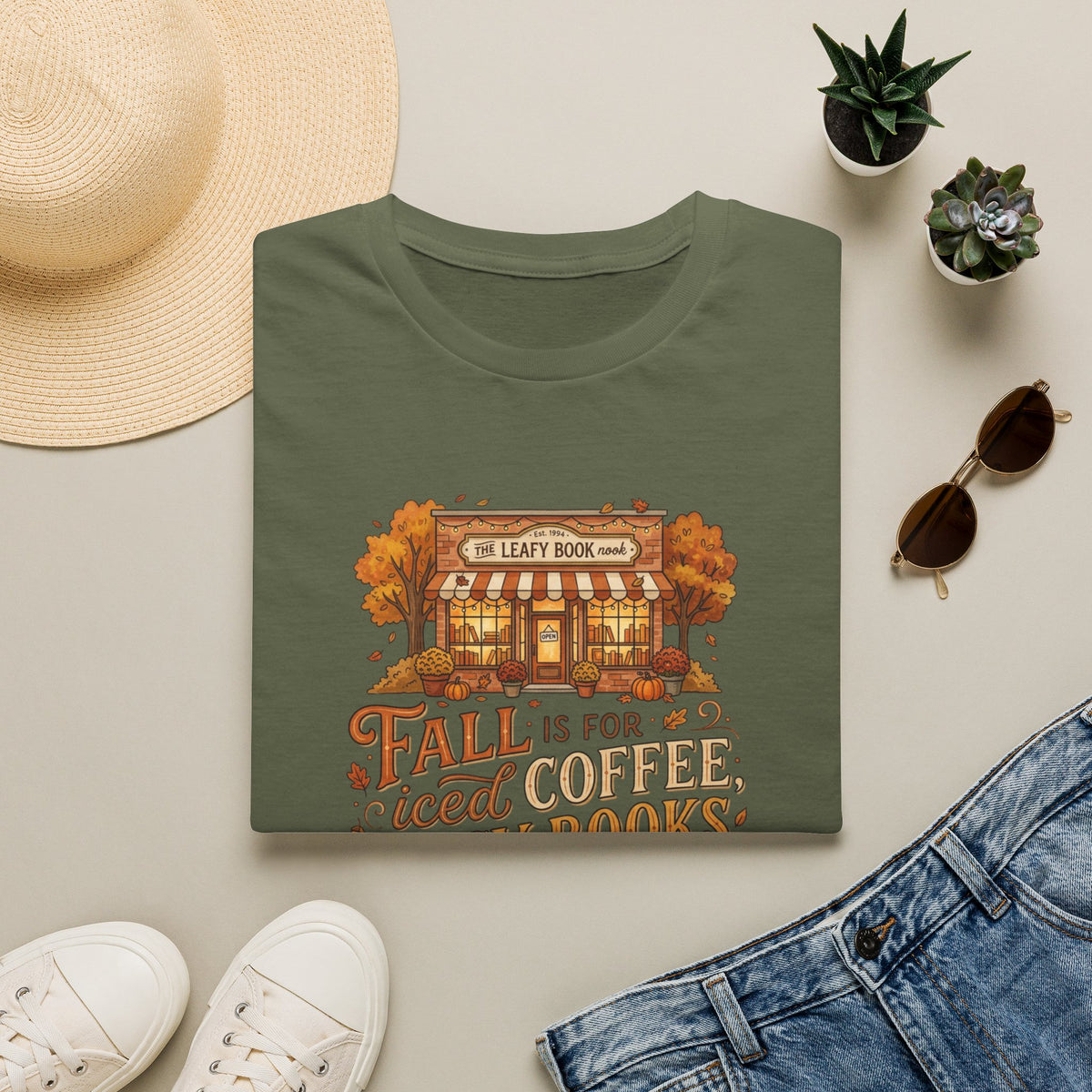 Fall Bookstore T-Shirt — "Fall Is For Iced Coffee & Spicy Books" Cozy Autumn Tee
