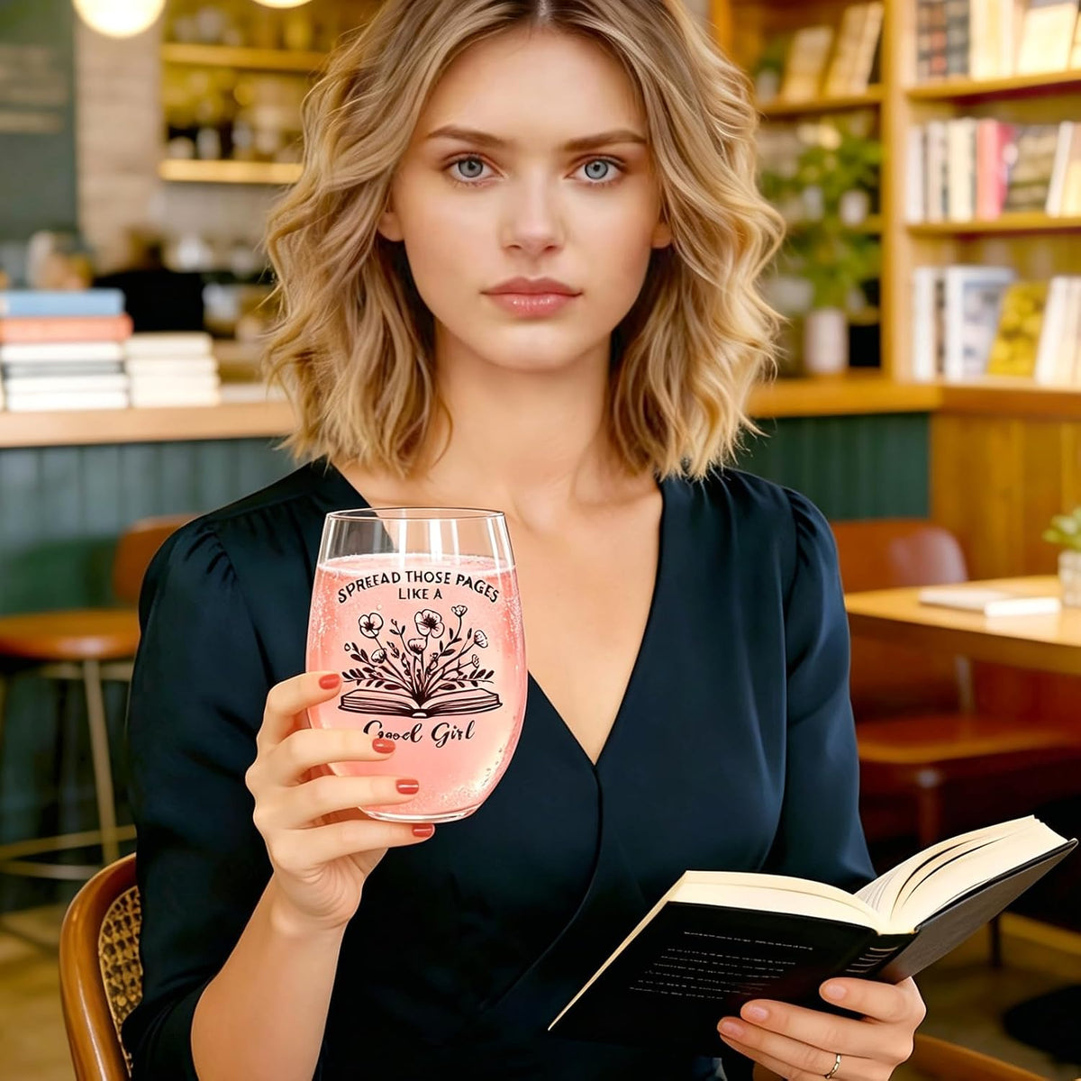 Funny Wine Glasses for Women, Stemless Gift for Book Lovers 15OZ
