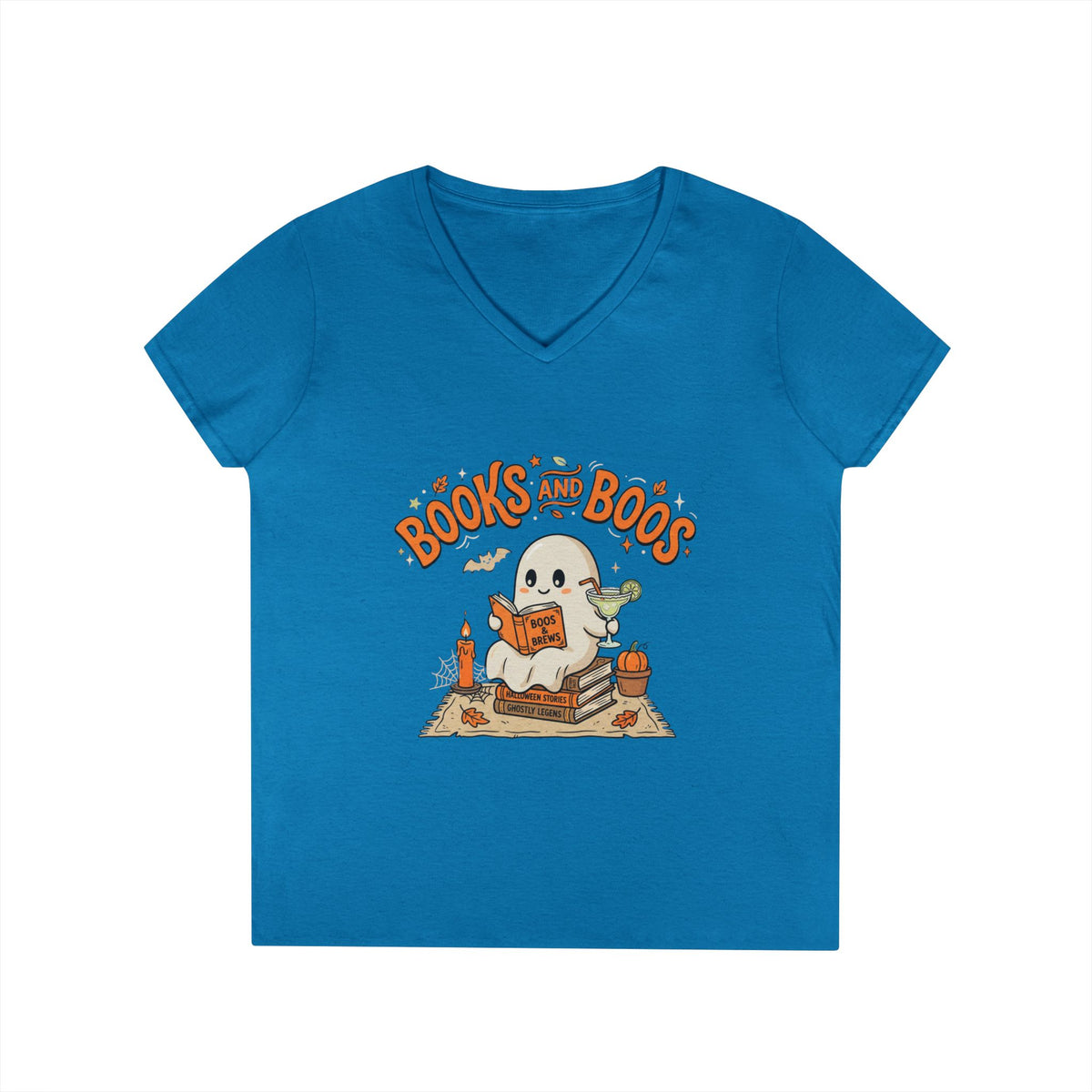 Books and Boos V-Neck Tee — Cute Ghost Reading T-Shirt for Book Lovers
