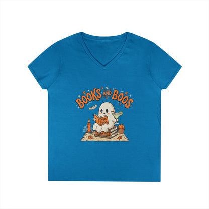 Books and Boos V-Neck Tee — Cute Ghost Reading T-Shirt for Book Lovers