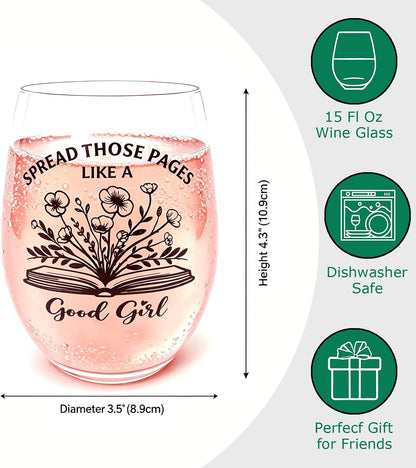 Funny Wine Glasses for Women, Stemless Gift for Book Lovers 15OZ