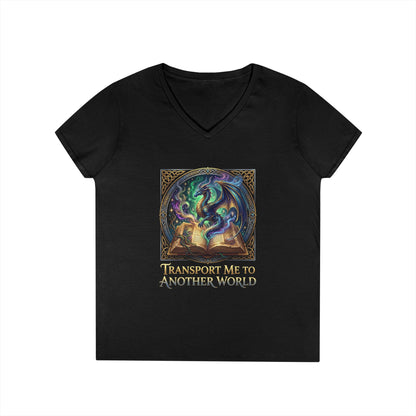Ladies V-Neck T-Shirt — "Transport Me to Another World" Fantasy Book Magic Tee
