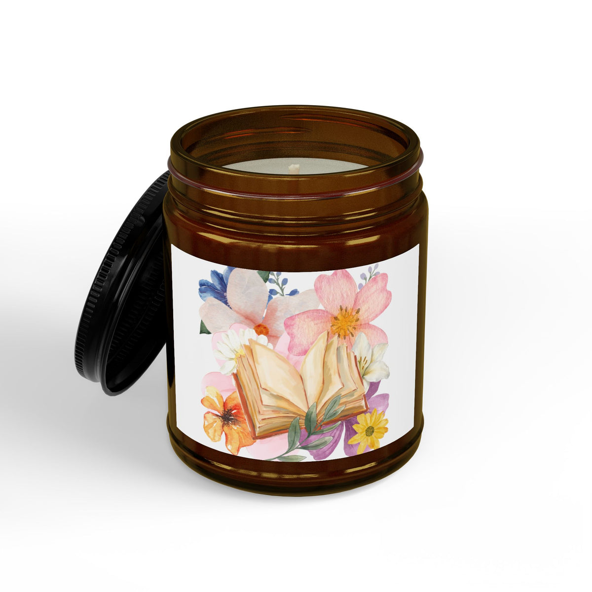 Floral Booklover Soy Candle — Scented Jar Candle with Black Lid (4oz & 9oz)