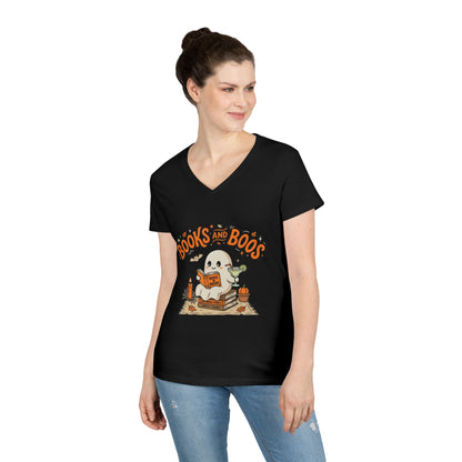Books and Boos V-Neck Tee — Cute Ghost Reading T-Shirt for Book Lovers