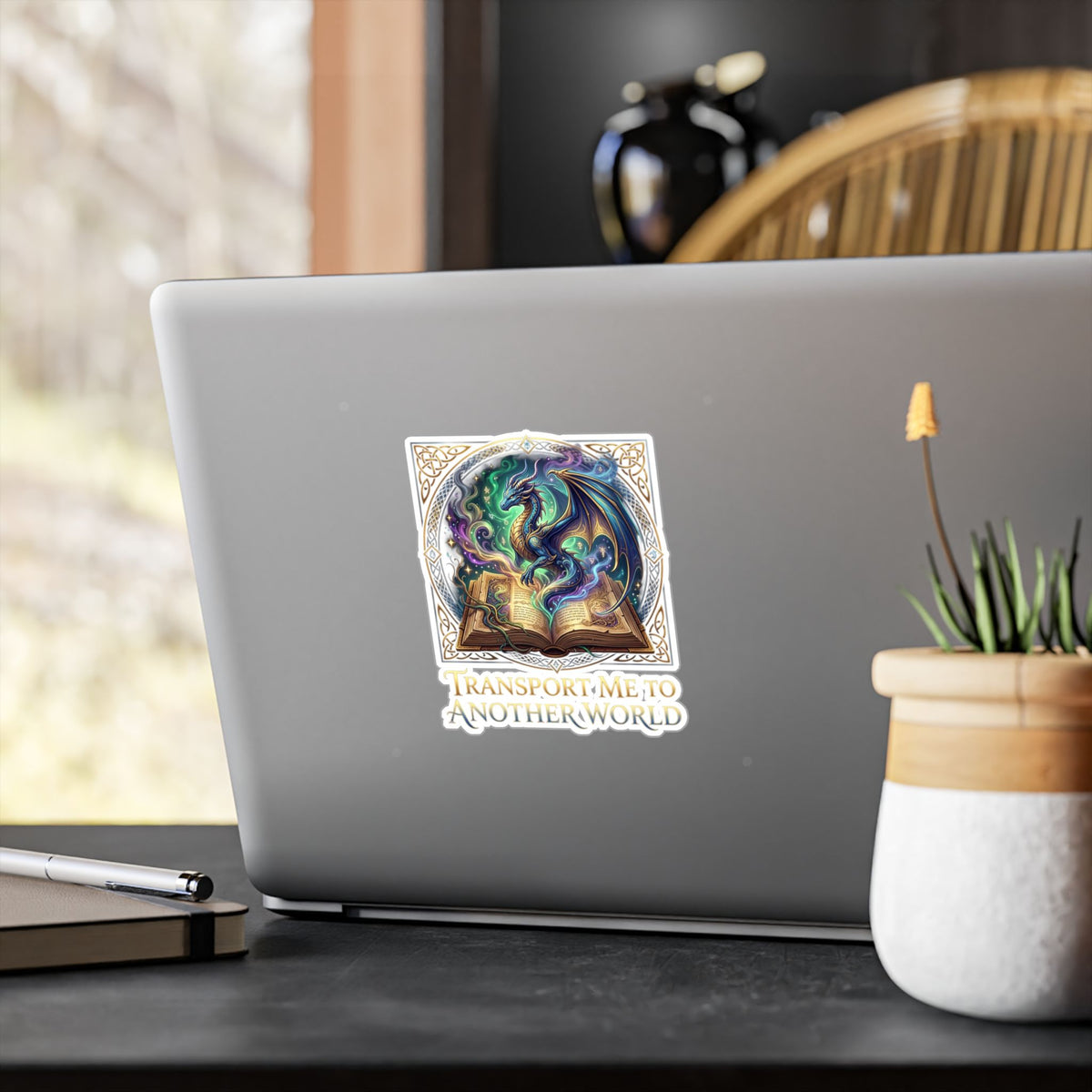 Kiss-Cut Vinyl Decal — 'Transport Me to Another World' Dragon & Magic Book Sticker
