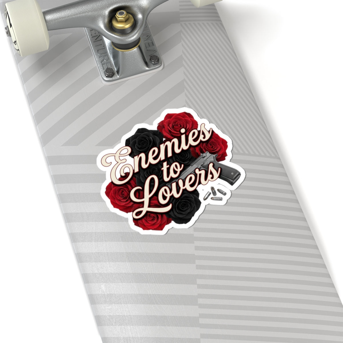 Enemies to Lovers Kiss-Cut Sticker — Red & Black Roses with Handgun Design