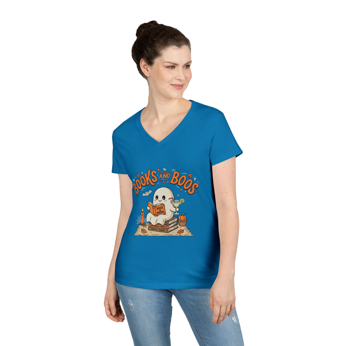 Books and Boos V-Neck Tee — Cute Ghost Reading T-Shirt for Book Lovers