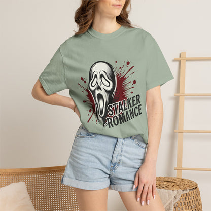 Graphic T-Shirt — "Stalker Romance" Horror Mask Tee (Scream-inspired, Blood Splatter)