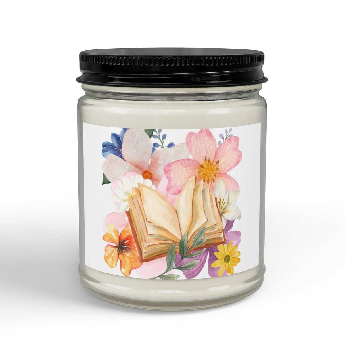 Floral Booklover Soy Candle — Scented Jar Candle with Black Lid (4oz & 9oz)