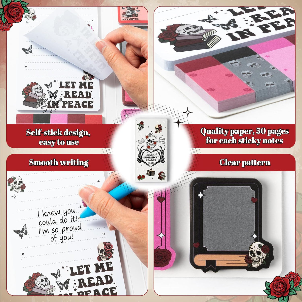 Xqumoi Let Me Read in Peace Dark Romance Sticky Notes Set - 550 Sheets Rose Skull Self-Stick Note Pads Dark Romance Book Lovers Gift Divider Tabs Bundle Writing Memo Pad for Teens Adults