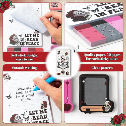 Xqumoi Let Me Read in Peace Dark Romance Sticky Notes Set - 550 Sheets Rose Skull Self-Stick Note Pads Dark Romance Book Lovers Gift Divider Tabs Bundle Writing Memo Pad for Teens Adults