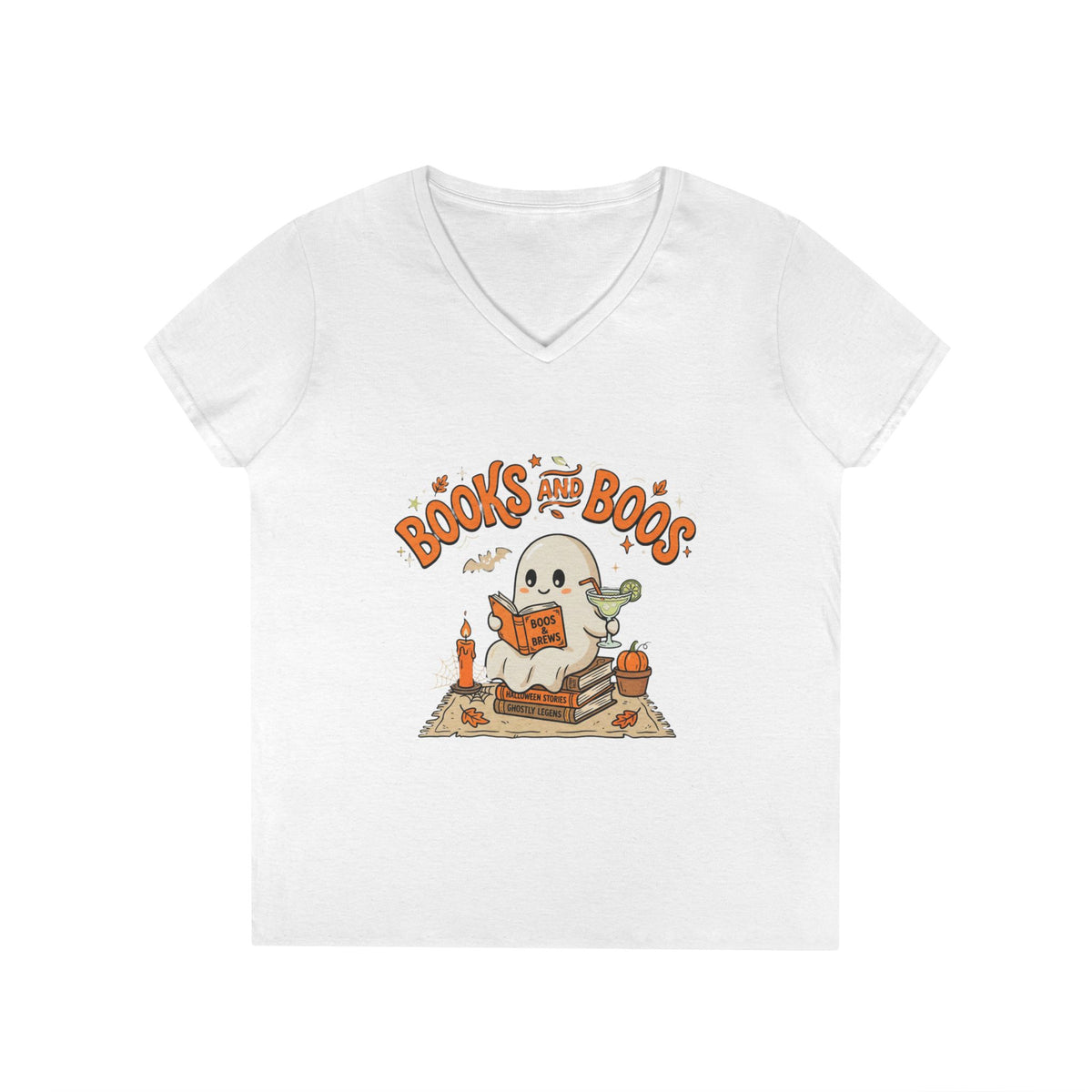 Books and Boos V-Neck Tee — Cute Ghost Reading T-Shirt for Book Lovers