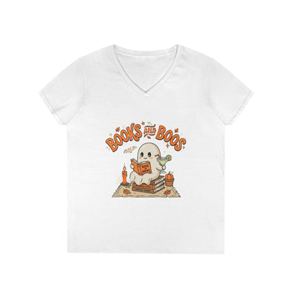 Books and Boos V-Neck Tee — Cute Ghost Reading T-Shirt for Book Lovers