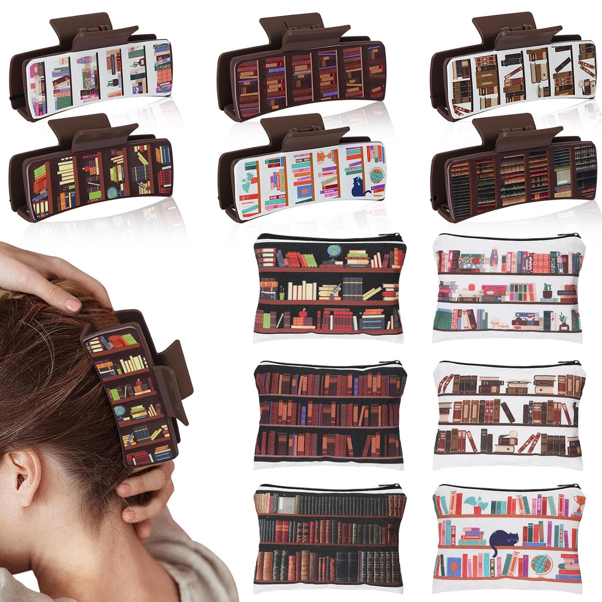Chuangdi 6 Set Book Claw Hair Clips Canvas Cosmetic Bags Gift