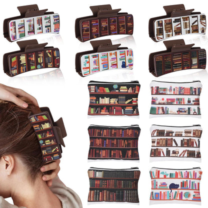 Chuangdi 6 Set Book Claw Hair Clips Canvas Cosmetic Bags Gift