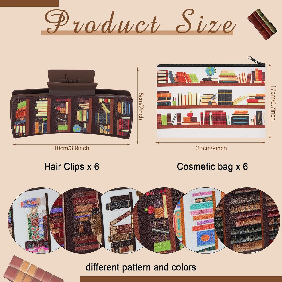 Chuangdi 6 Set Book Claw Hair Clips Canvas Cosmetic Bags Gift