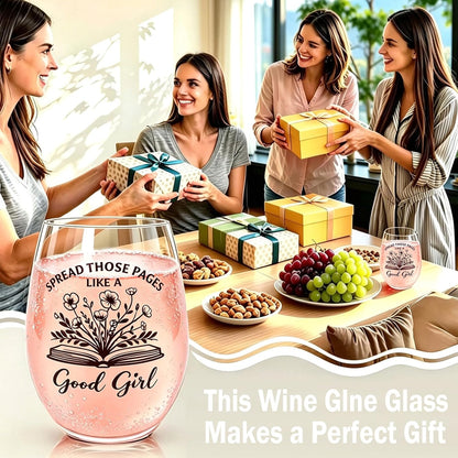 Funny Wine Glasses for Women, Stemless Gift for Book Lovers 15OZ