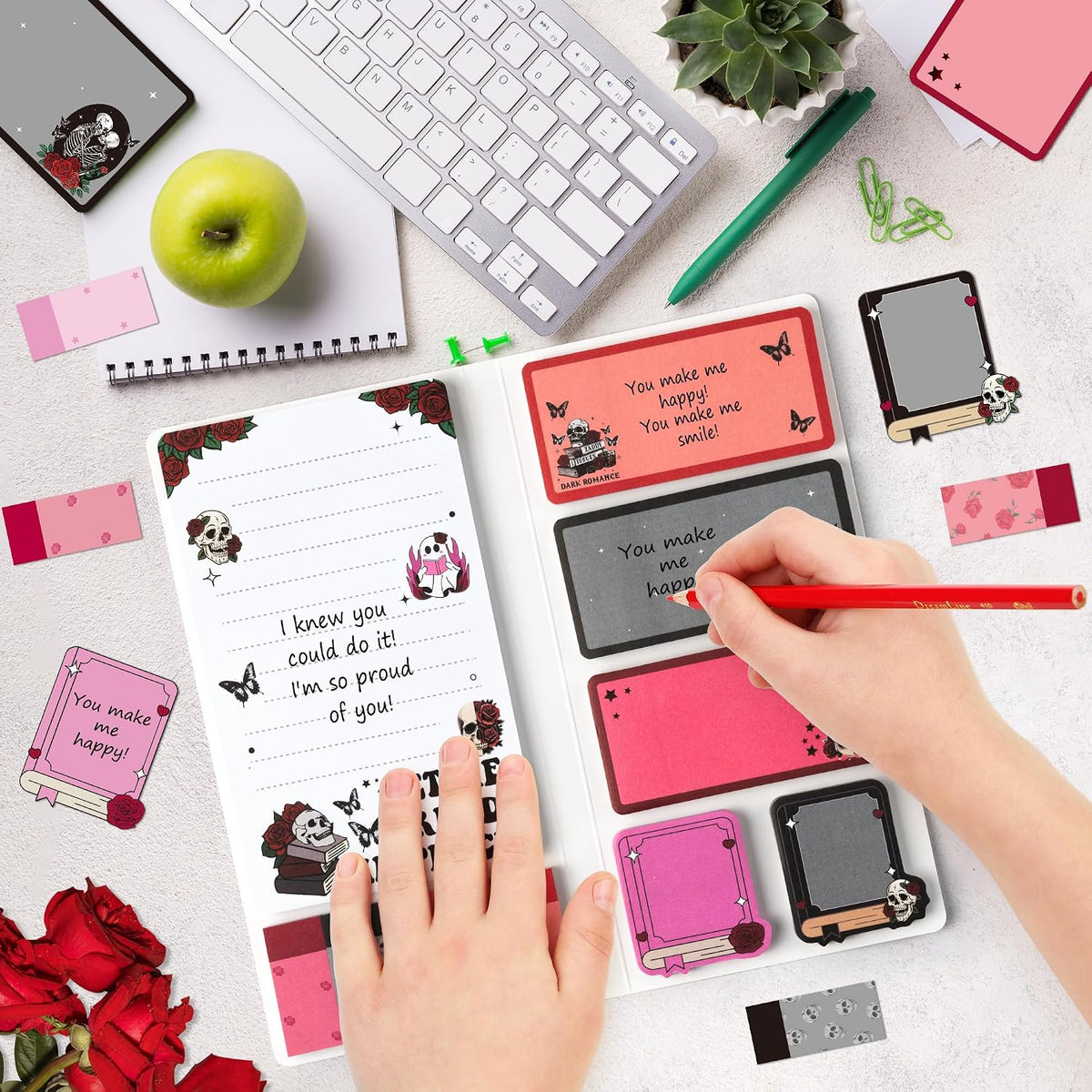 Xqumoi Let Me Read in Peace Dark Romance Sticky Notes Set - 550 Sheets Rose Skull Self-Stick Note Pads Dark Romance Book Lovers Gift Divider Tabs Bundle Writing Memo Pad for Teens Adults