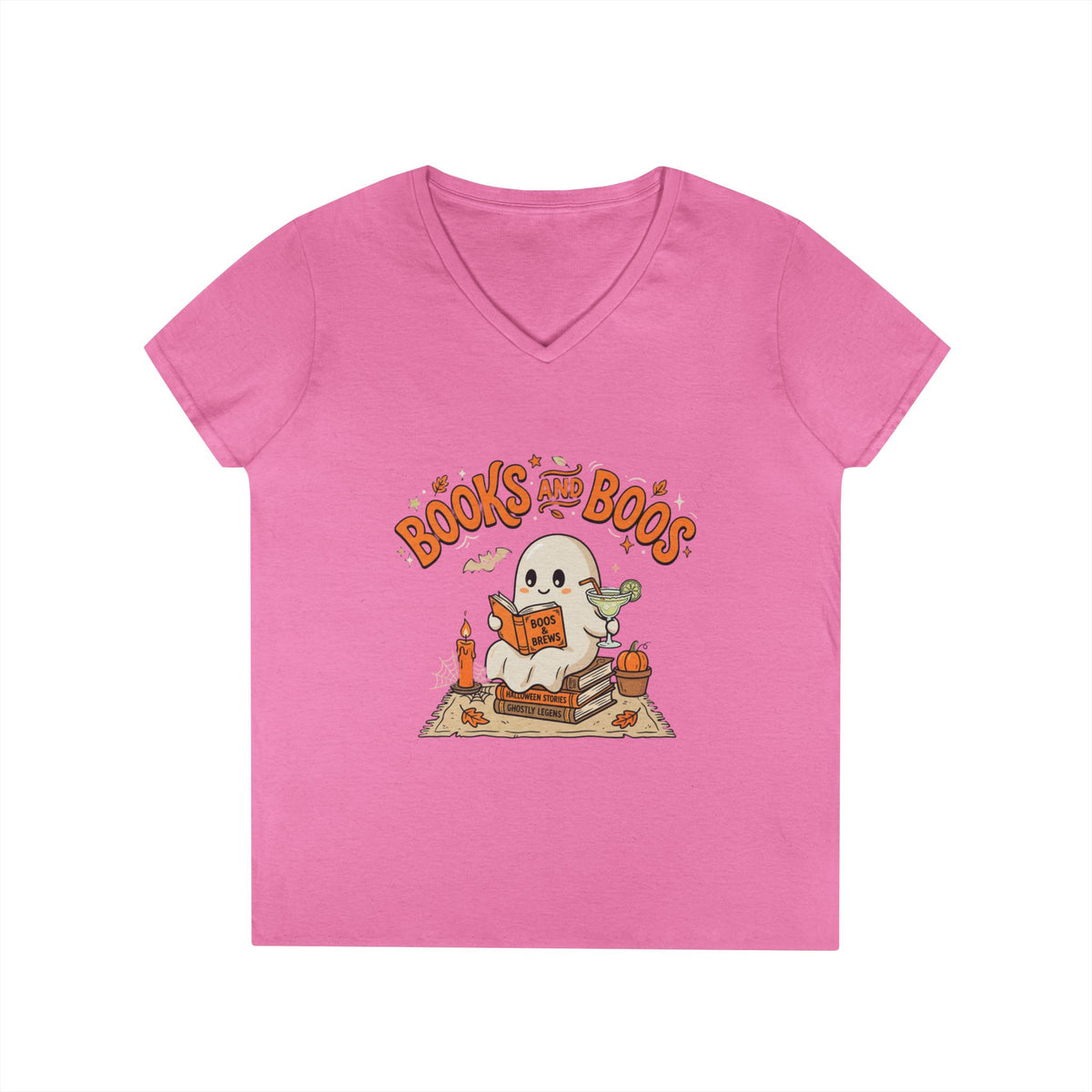 Books and Boos V-Neck Tee — Cute Ghost Reading T-Shirt for Book Lovers