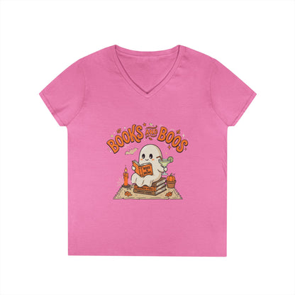 Books and Boos V-Neck Tee — Cute Ghost Reading T-Shirt for Book Lovers