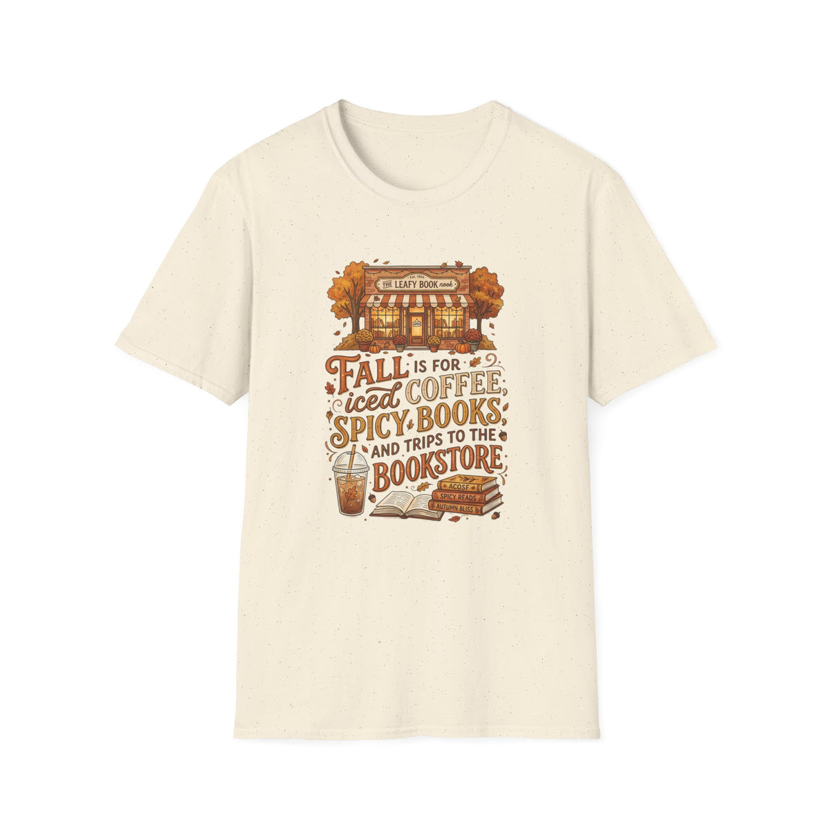 Fall Bookstore T-Shirt — "Fall Is For Iced Coffee & Spicy Books" Cozy Autumn Tee