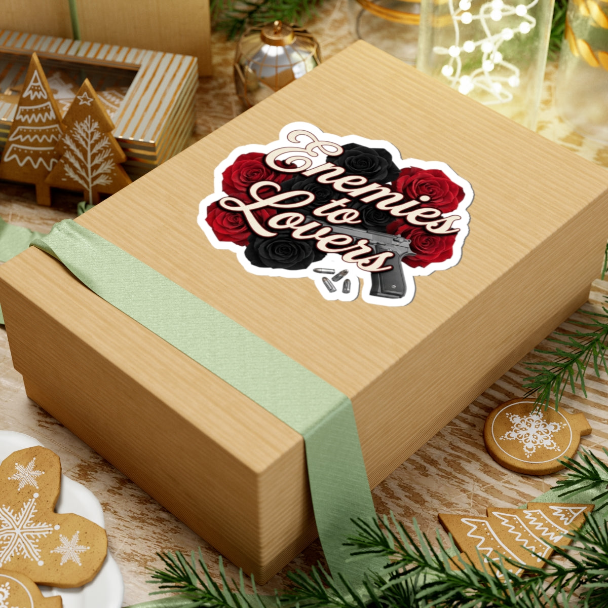 Enemies to Lovers Kiss-Cut Sticker — Red & Black Roses with Handgun Design