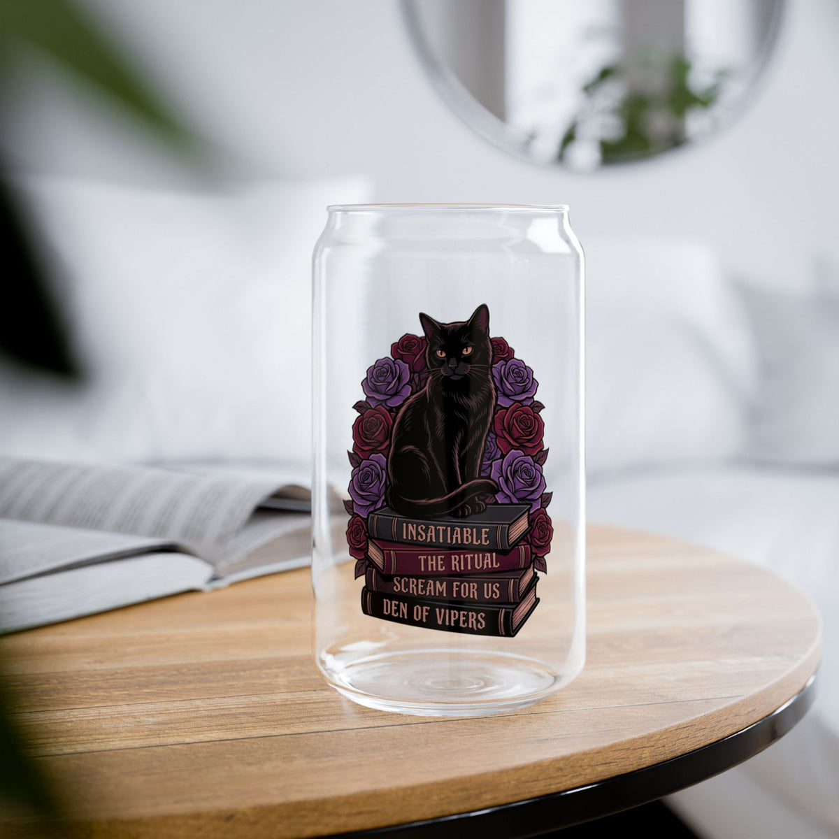 Book Stack and Black Cat Dark Romance Glass Tumbler