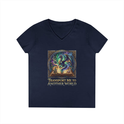 Ladies V-Neck T-Shirt — "Transport Me to Another World" Fantasy Book Magic Tee