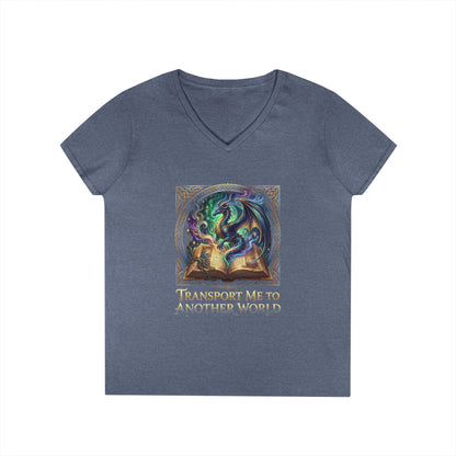 Ladies V-Neck T-Shirt — "Transport Me to Another World" Fantasy Book Magic Tee