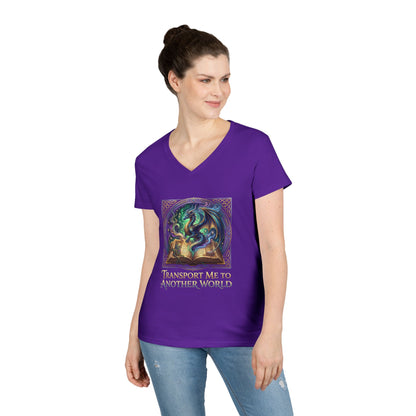 Ladies V-Neck T-Shirt — "Transport Me to Another World" Fantasy Book Magic Tee