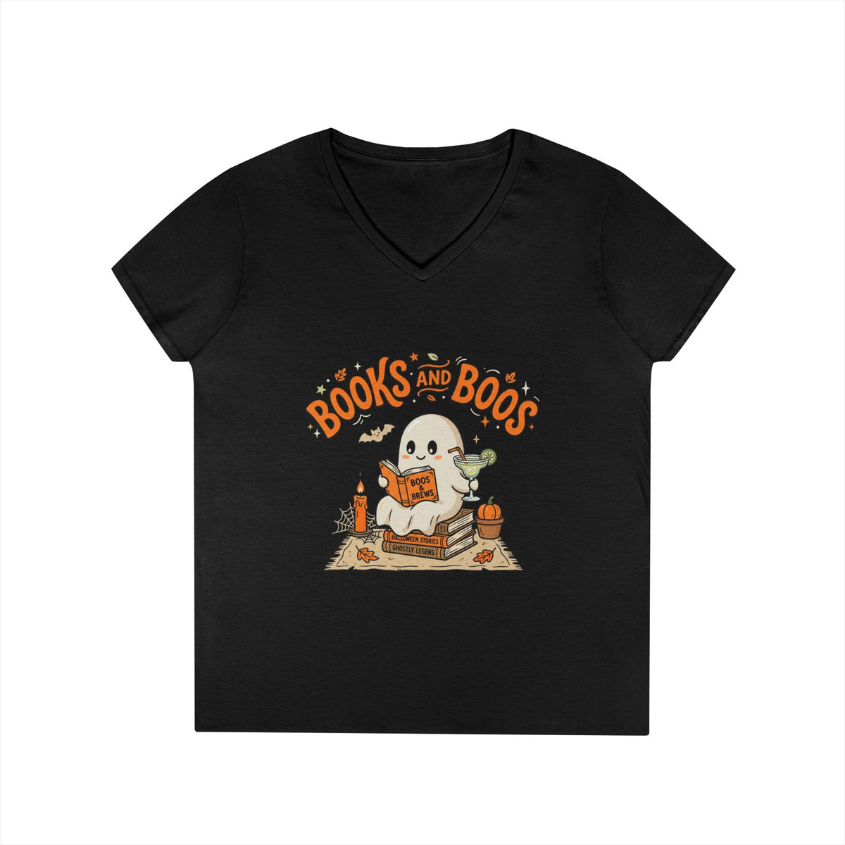 Books and Boos V-Neck Tee — Cute Ghost Reading T-Shirt for Book Lovers
