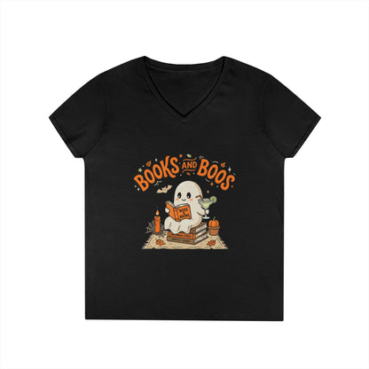 Books and Boos V-Neck Tee — Cute Ghost Reading T-Shirt for Book Lovers