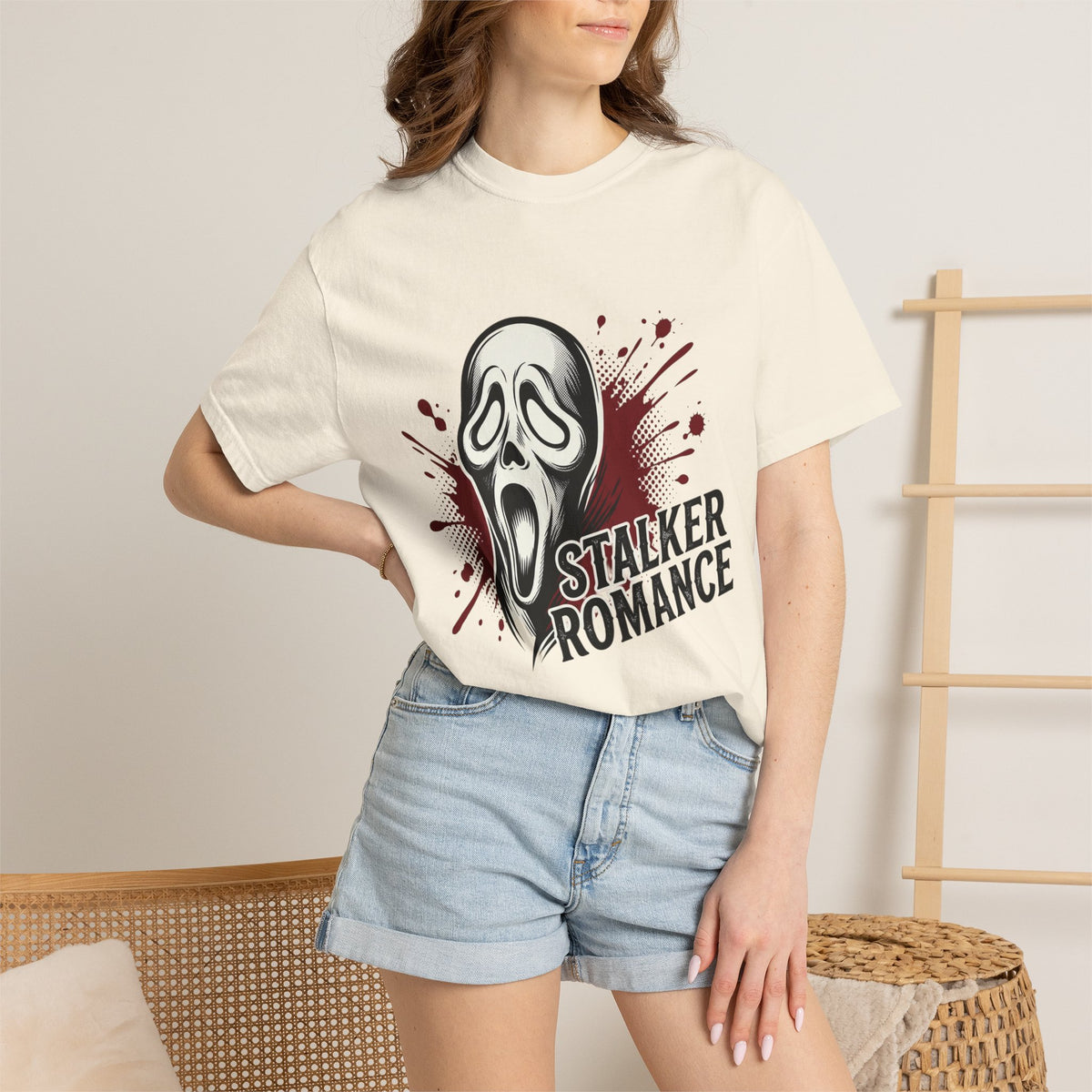 Graphic T-Shirt — "Stalker Romance" Horror Mask Tee (Scream-inspired, Blood Splatter)
