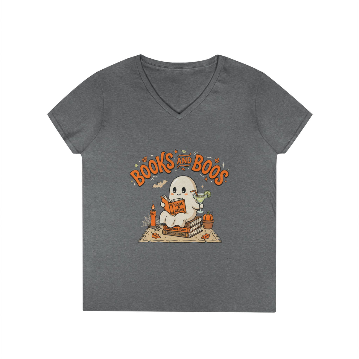 Books and Boos V-Neck Tee — Cute Ghost Reading T-Shirt for Book Lovers